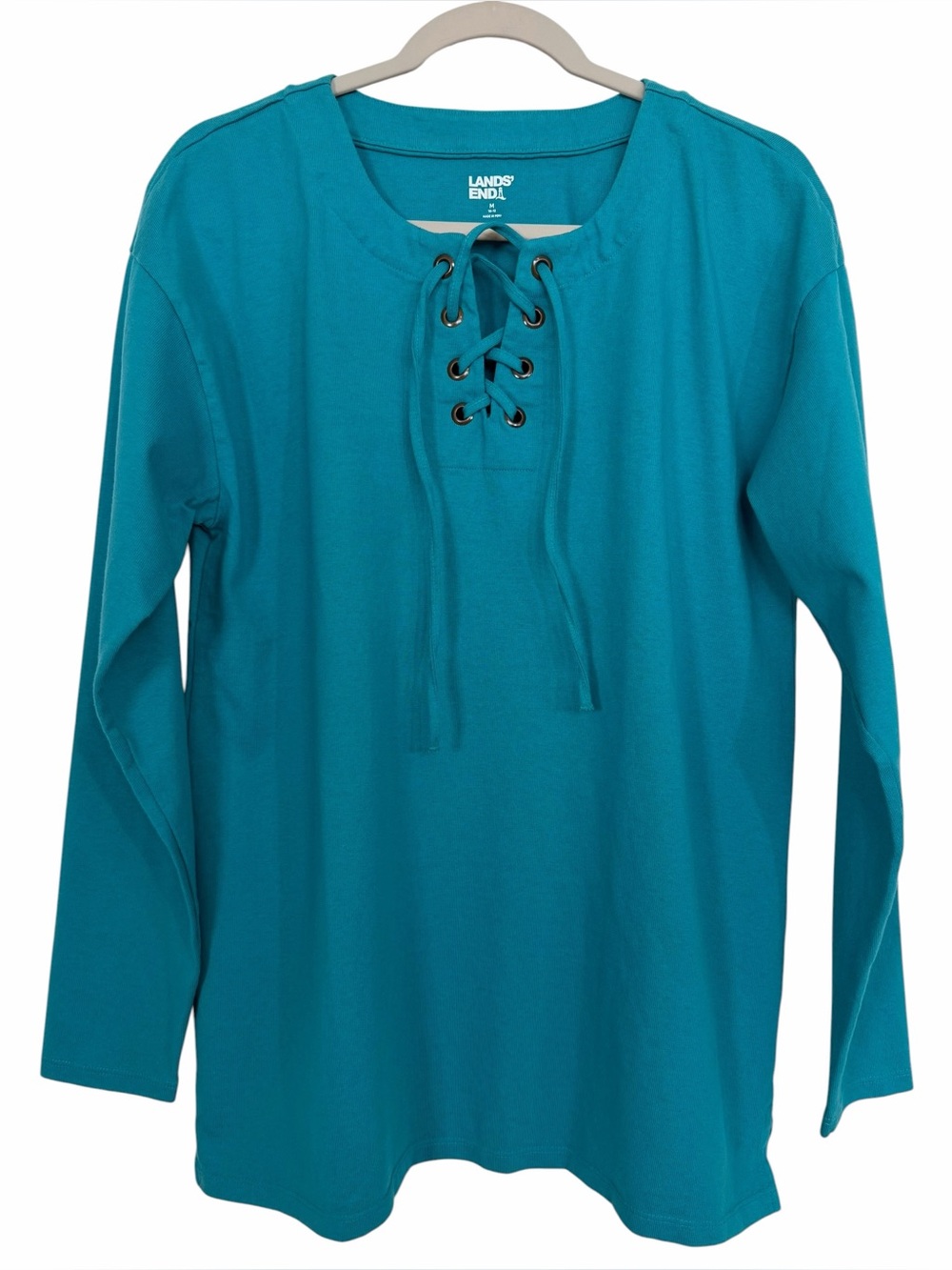 Lands End Long Sleeve Heavyweight Lace Up Front Tunic Top Teal Medium (10-12)